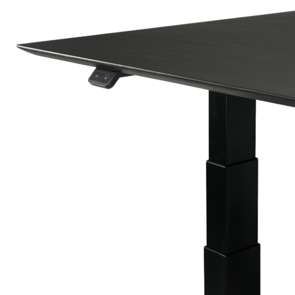 The Bok Adjustable Desk in black from Ethnicraft, with details of control.