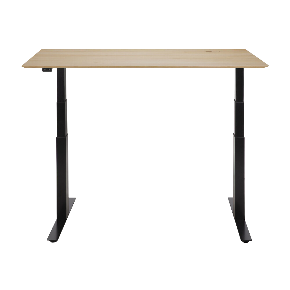 The Bok Adjustable Desk Oak 55 Inches with black legs from Ethnicraft extended up. 