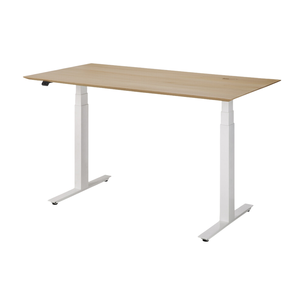 The Bok Adjustable Desk Oak 55 Inches with White Legs from Ethnicraft, from the side angle.