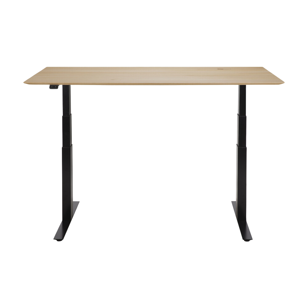 The Bok Adjustable Desk Oak 63 Inches with Black Legs from Ethnicraft, extended up.
