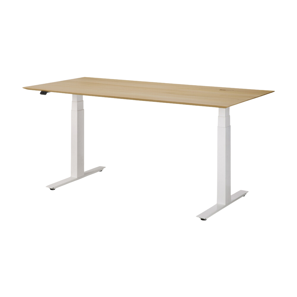 The Bok Adjustable Desk Oak 63 Inches with White Legs from Ethnicraft, from the side angle.