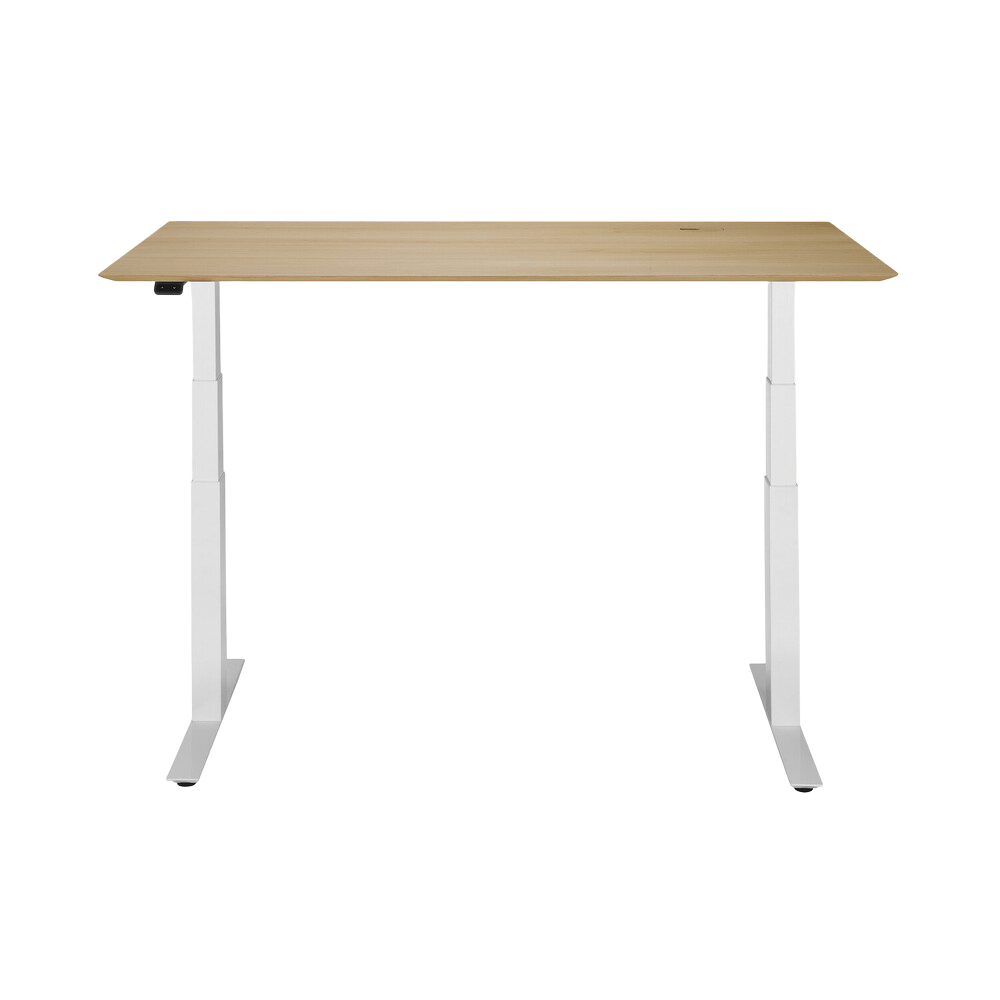The Bok Adjustable Desk Oak 63 Inches with White Legs from Ethnicraft, extended up.