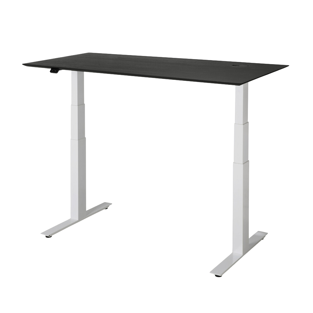 The Bok Adjustable Desk Black Oak 55 Inches with White Legs from Ethnicraft from a side angle.