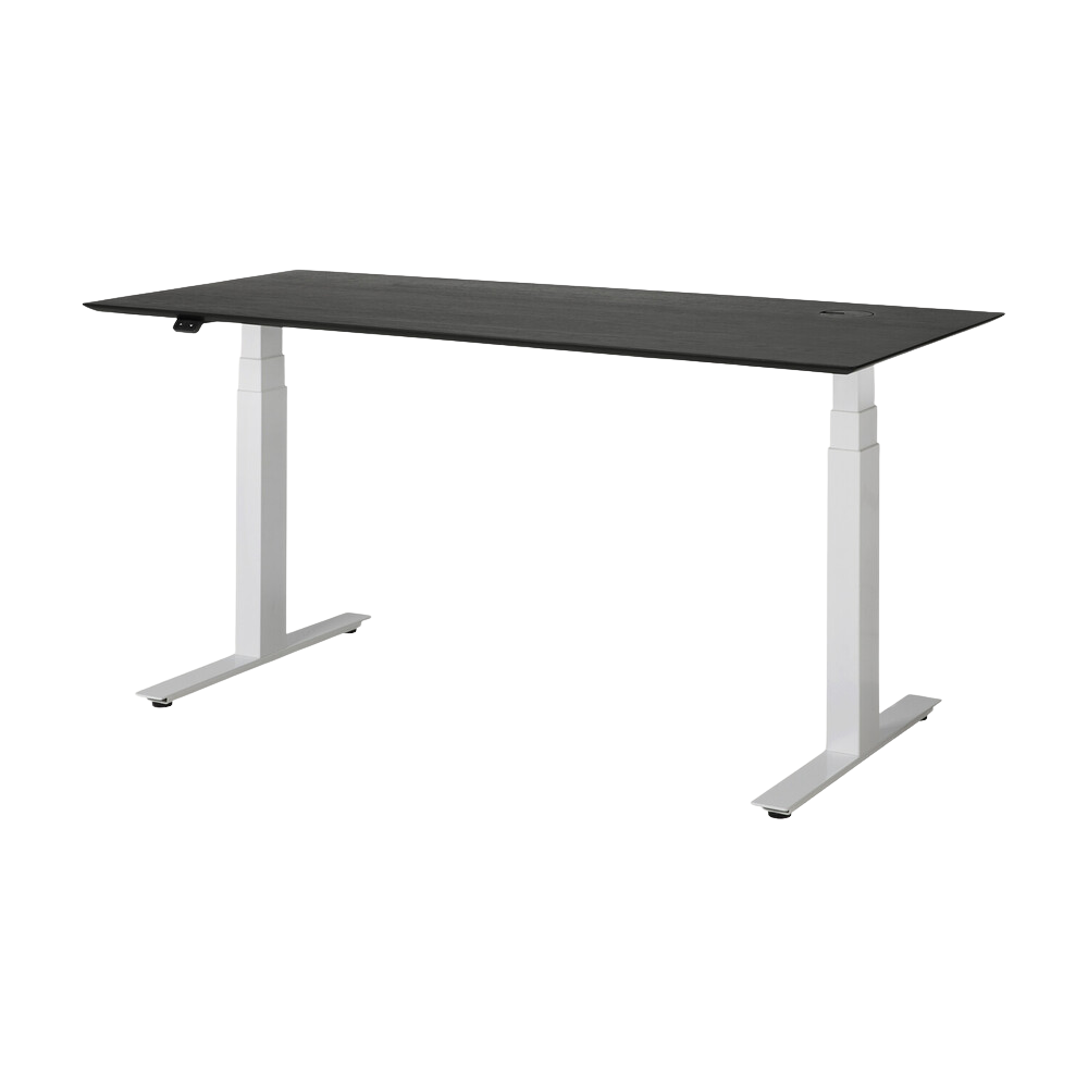 The Bok Adjustable Desk Black Oak 63 Inches with White Legs from Ethnicraft from a side angle.