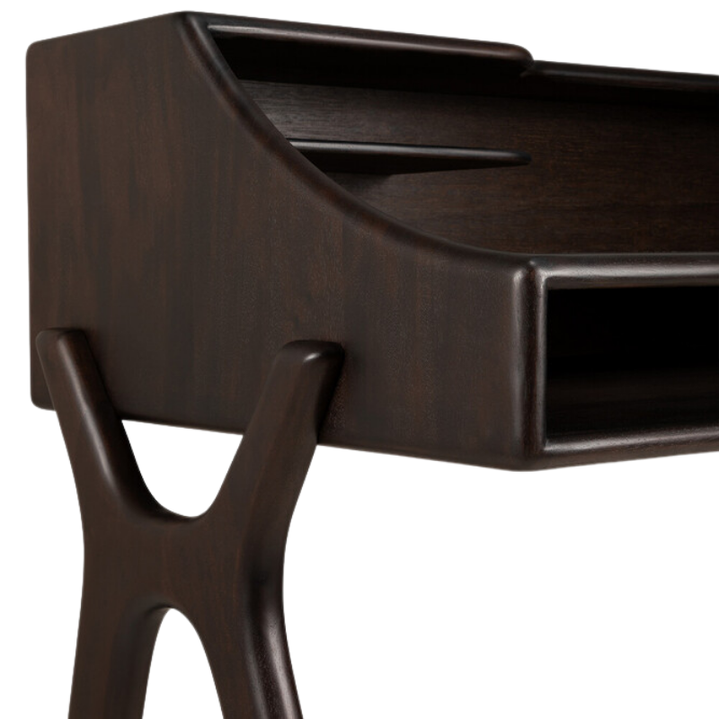 The Flow Desk by Ethnicraft in rose brown mahogany, showing the shelves.