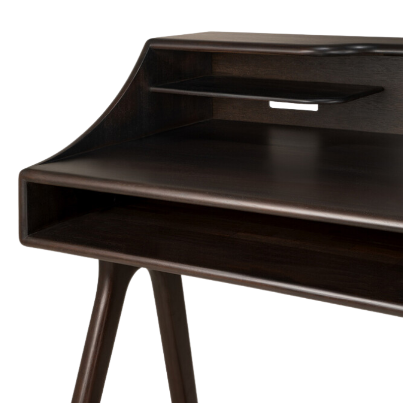 The Flow Desk by Ethnicraft in rose brown mahogany with a lot of space on the desk.