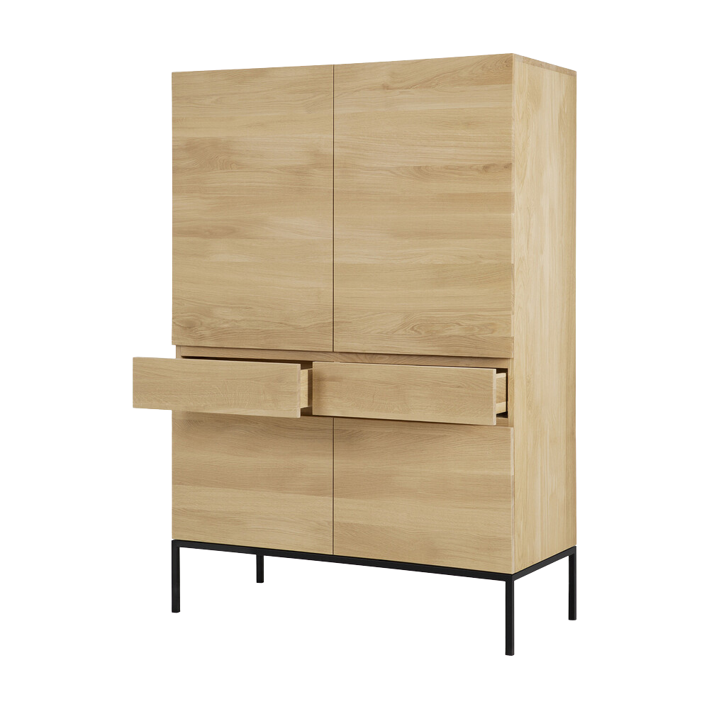 The Linga Cupboard from Ethnicraft showing opened drawers for extra storage.