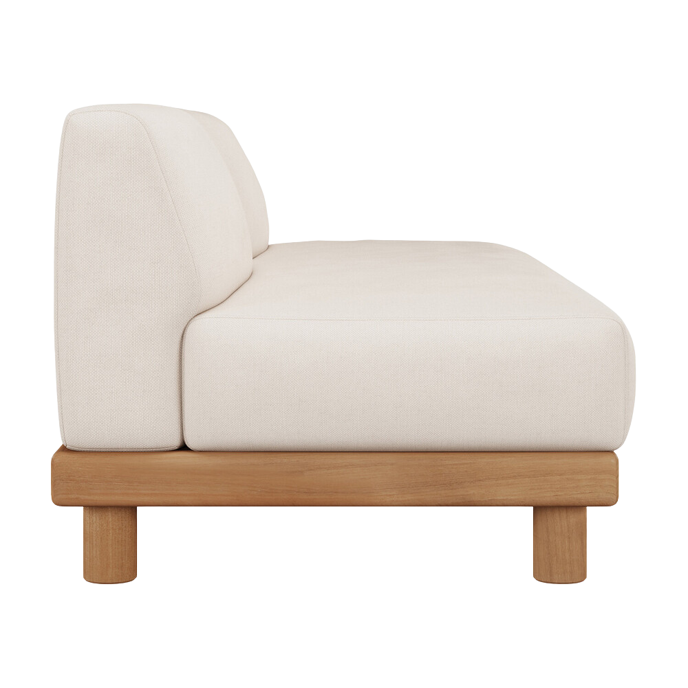The Monocle Outdoor Modular Sofa 2-Seater from Ethnicraft with a wooden base on the side.