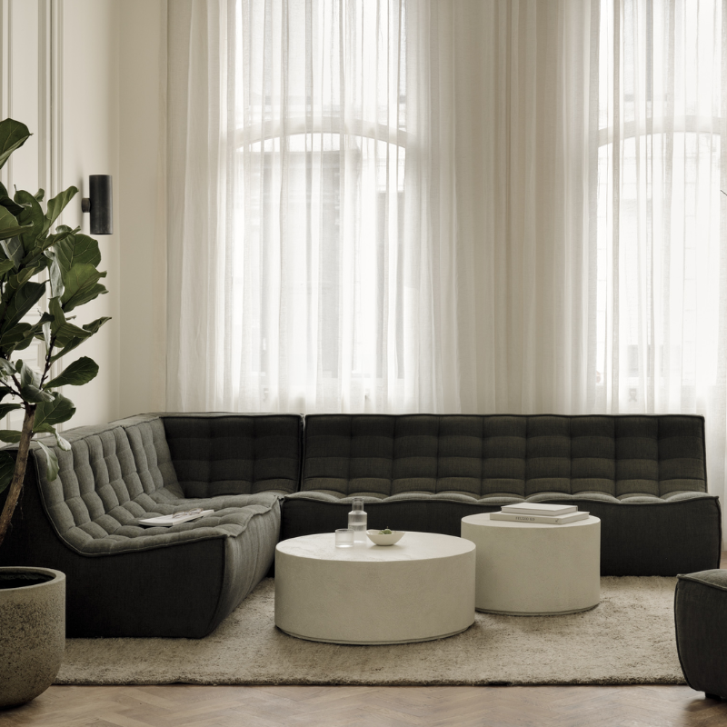The N701 Modular Round Corner Sofa 1-2 from Ethnicraft in Moss eco fabric in the living room. all-groups