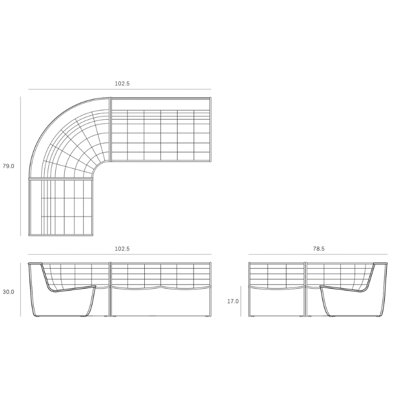 The N701 Modular Sectional Sofa, Round 1-2 from Ethnicraft dimensions as a technical line drawing, featuring the round corner, one seater and two seater. all-groups