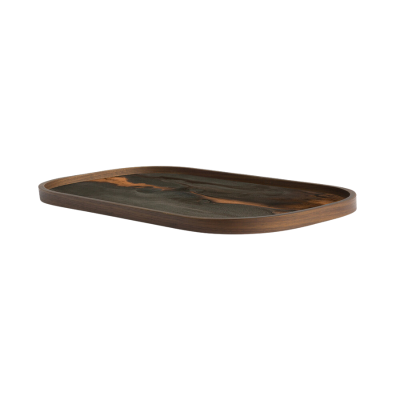 The Rectangular Organic Valet Tray Large Bronze from Ethnicraft from the side angle.