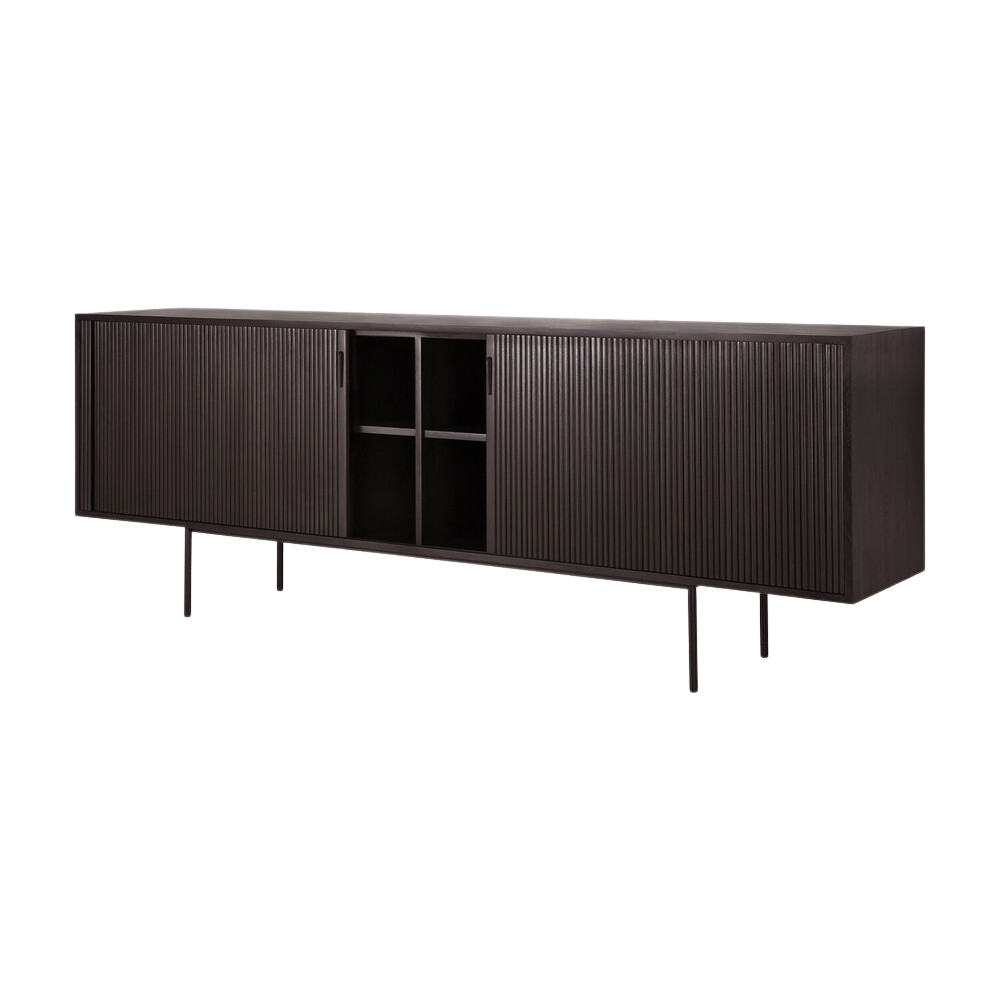 The 88-inch Roller Max Sideboard from Ethnicraft in teak off black with doors open.