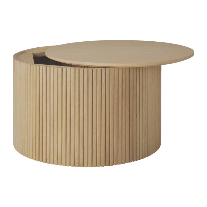 The 23.5-inch Roller Max Coffee Table Oak by Ethnicraft with open table top.