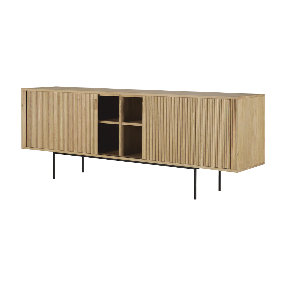 The 88-inch Roller Max Sideboard from Ethnicraft in oak with doors open.
