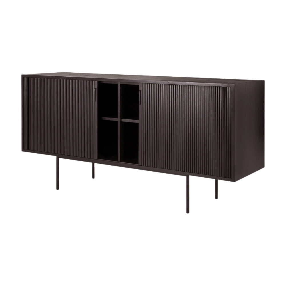 The 66-inch Roller Max Sideboard from Ethnicraft in teak off black with door open.