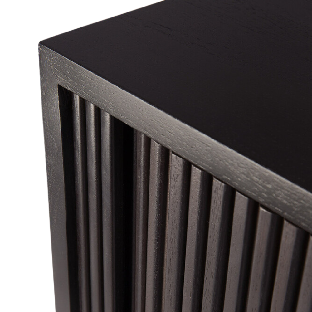Top detail of the 66-inch Roller Max Sideboard from Ethnicraft in teak off black.