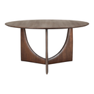 The brown teak Round Geometric Dining Table from Ethnicraft at an angle.