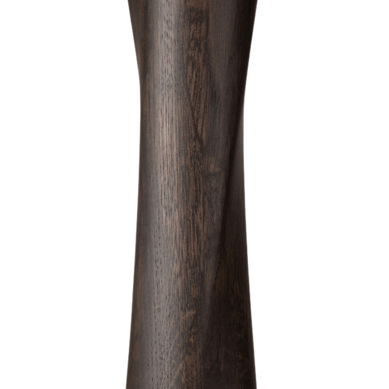 Illuminee Torsion Round Dining Table by Ethnicraft, brown oak leg close-up. all-groups