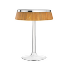 The Bon Jour Table Lamp from Flos in chrome with rattan crown.
