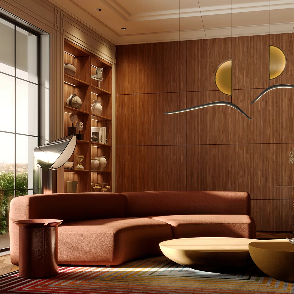 The Chiara Floor Lamp by Flos in a living room.