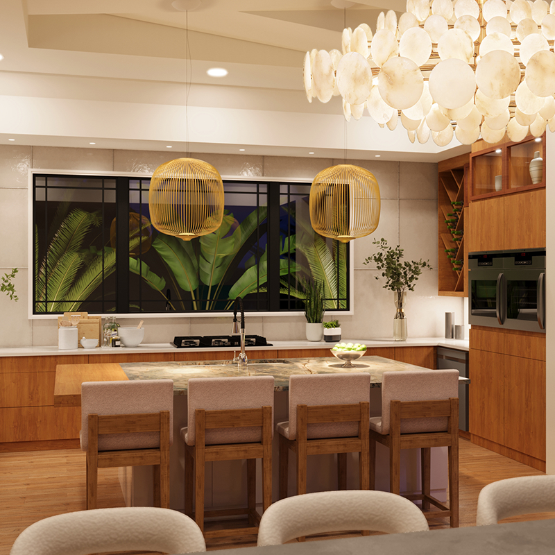 The Spokes 2 Pendant from Foscarini in small matte gold hangs in a dining room.