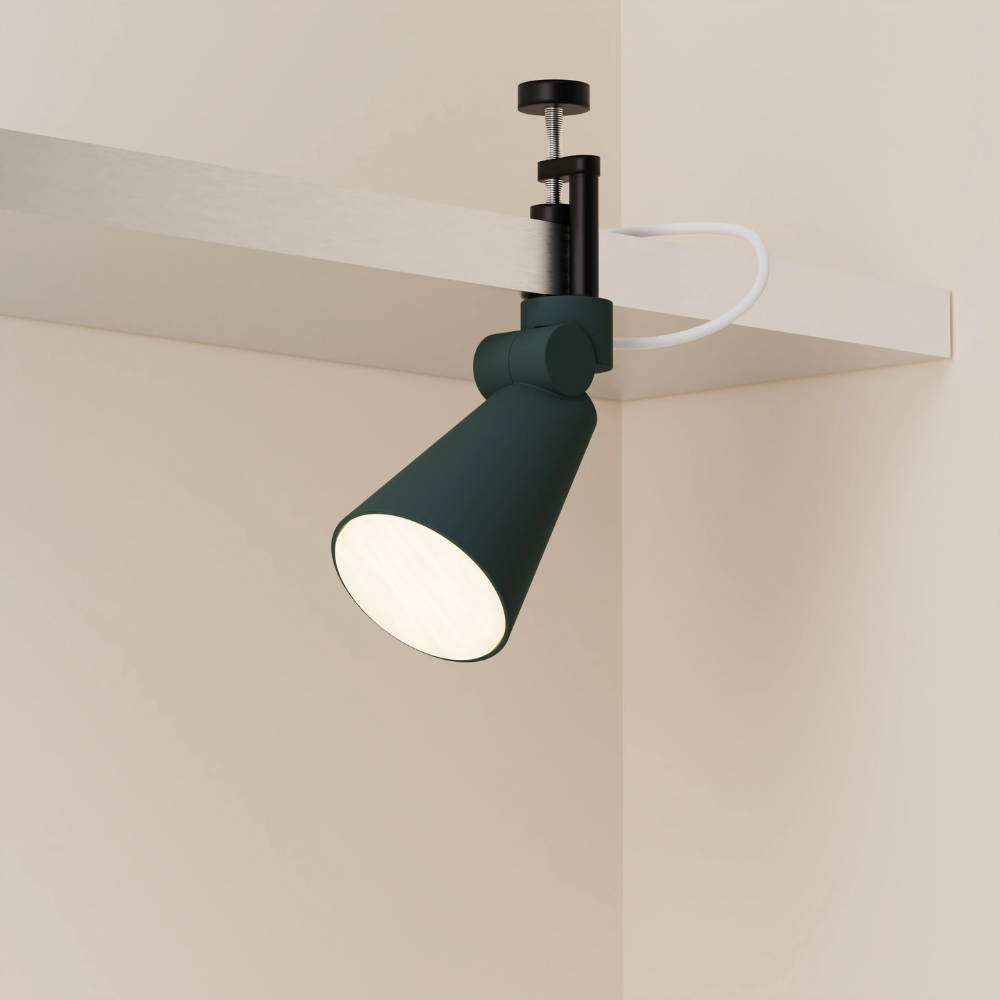 The forest Aim Clamp Light from Gantri with the black clamp.
