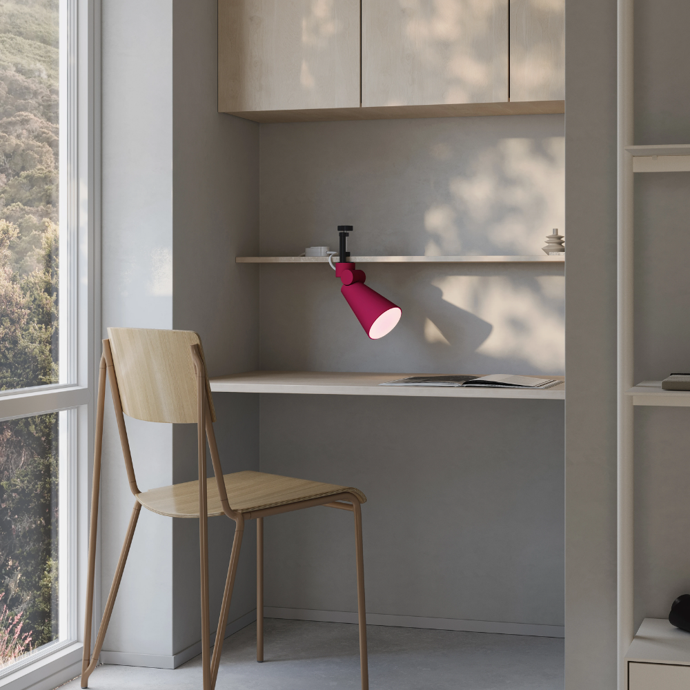 The hibiscus Aim Clamp Light from Gantri with the black clamp in a home office.