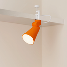 The persimmon Aim Clamp Light from Gantri with the white clamp.