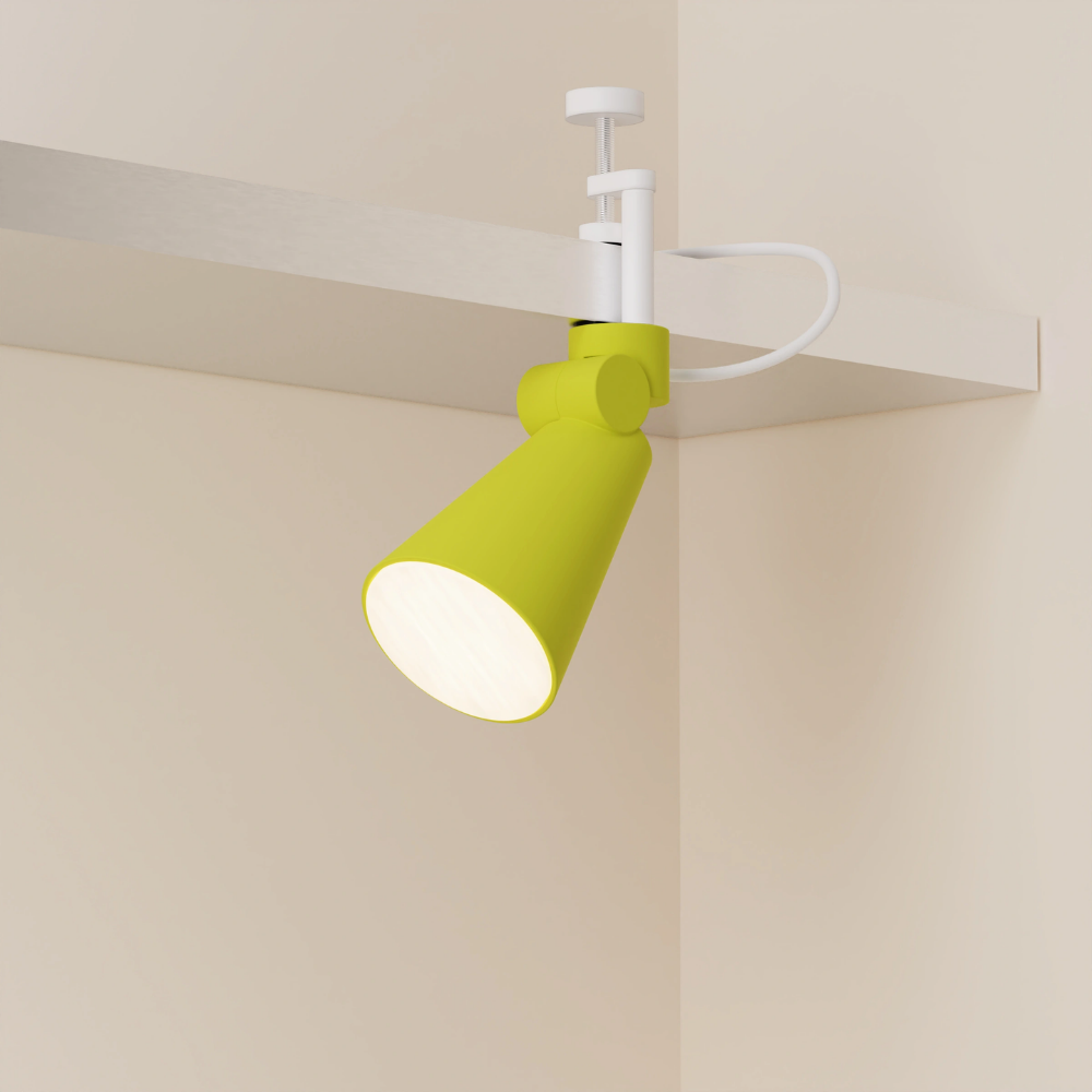 The sprout Aim Clamp Light from Gantri with the white clamp.