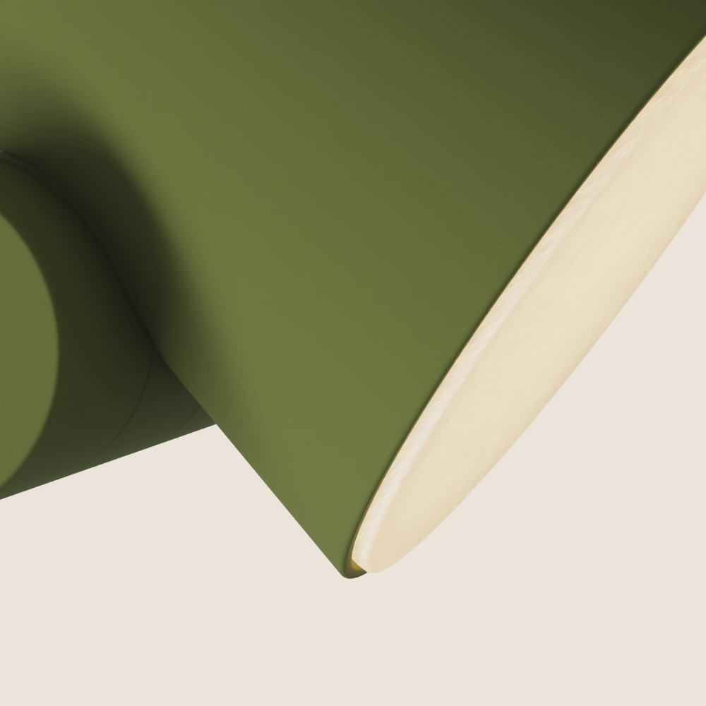 The olive Aim Floor Light from Gantri close up.