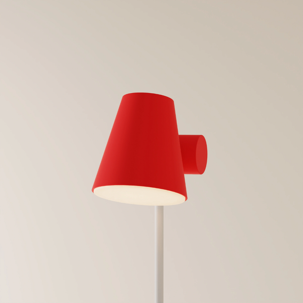 The poppy Aim Floor Light from Gantri with the white rod option.