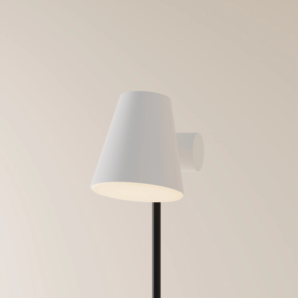 The snow Aim Floor Light from Gantri with the black rod option.