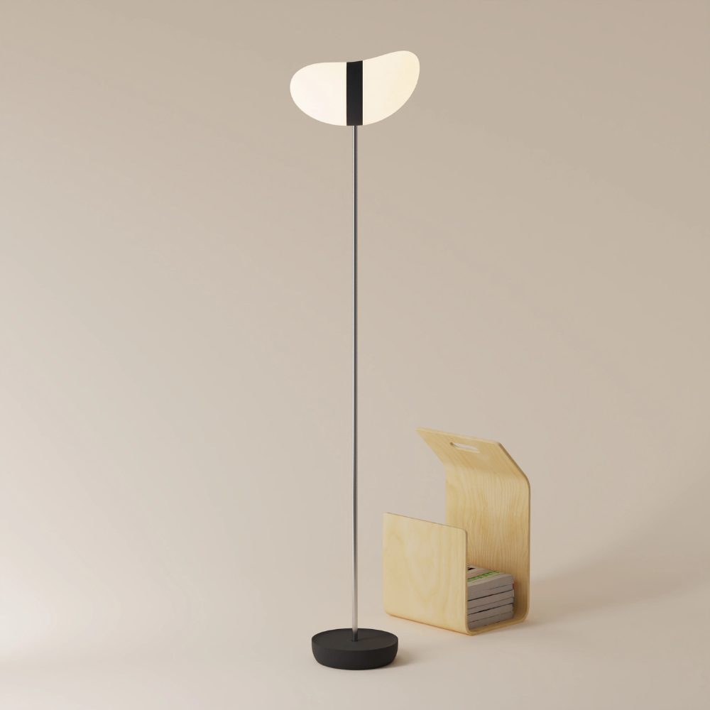 The carbon Baltra Floor Light from Gantri with the chrome rod option.