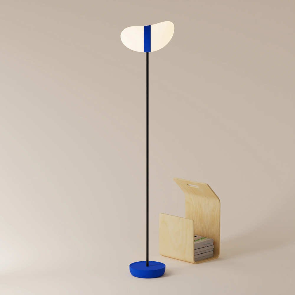 The cobalt Baltra Floor Light from Gantri with the black rod option.