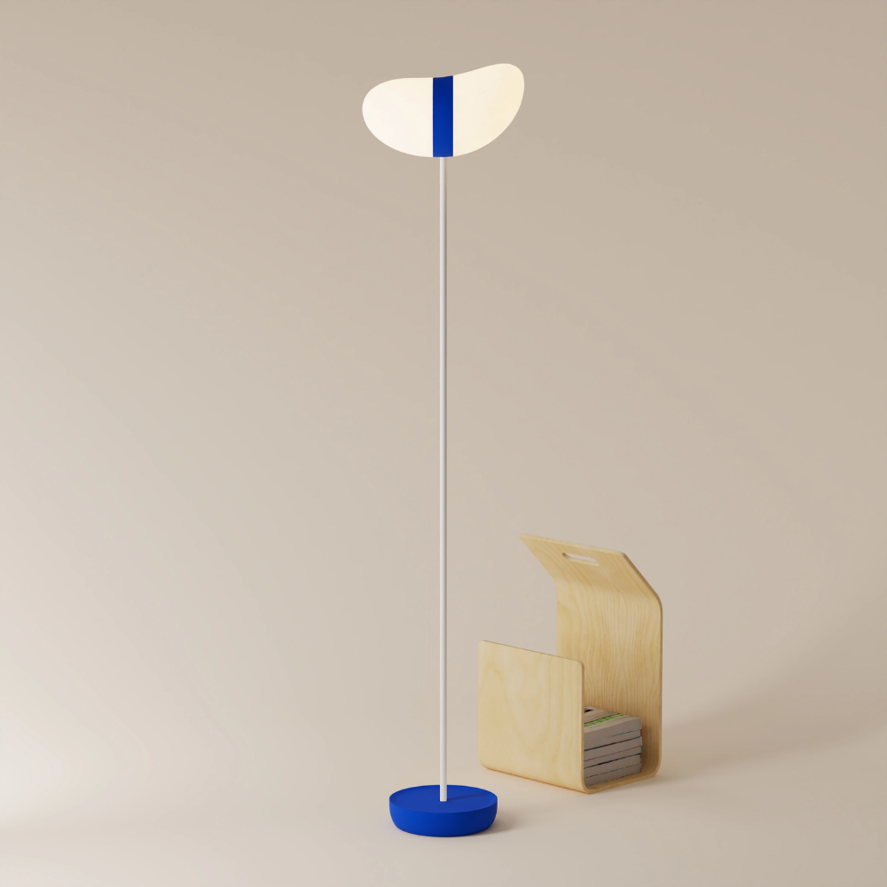 The cobalt Baltra Floor Light from Gantri with the white rod option.