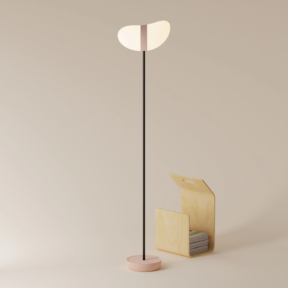 The coral Baltra Floor Light from Gantri with the black rod option.