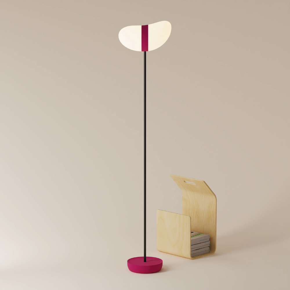 The hibiscus Baltra Floor Light from Gantri with the black rod option.
