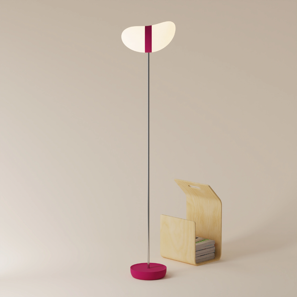 The hibiscus Baltra Floor Light from Gantri with the chrome rod option.