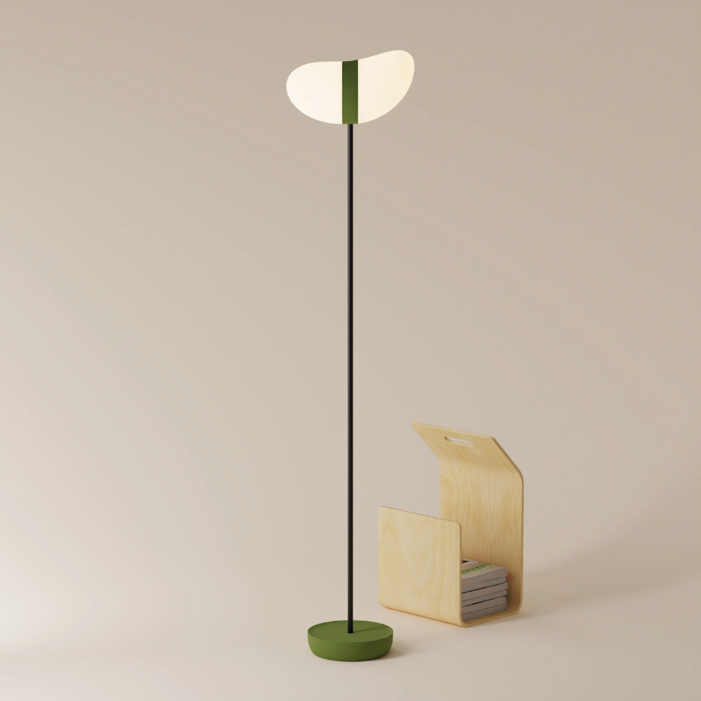 The olive Baltra Floor Light from Gantri with the black rod option.