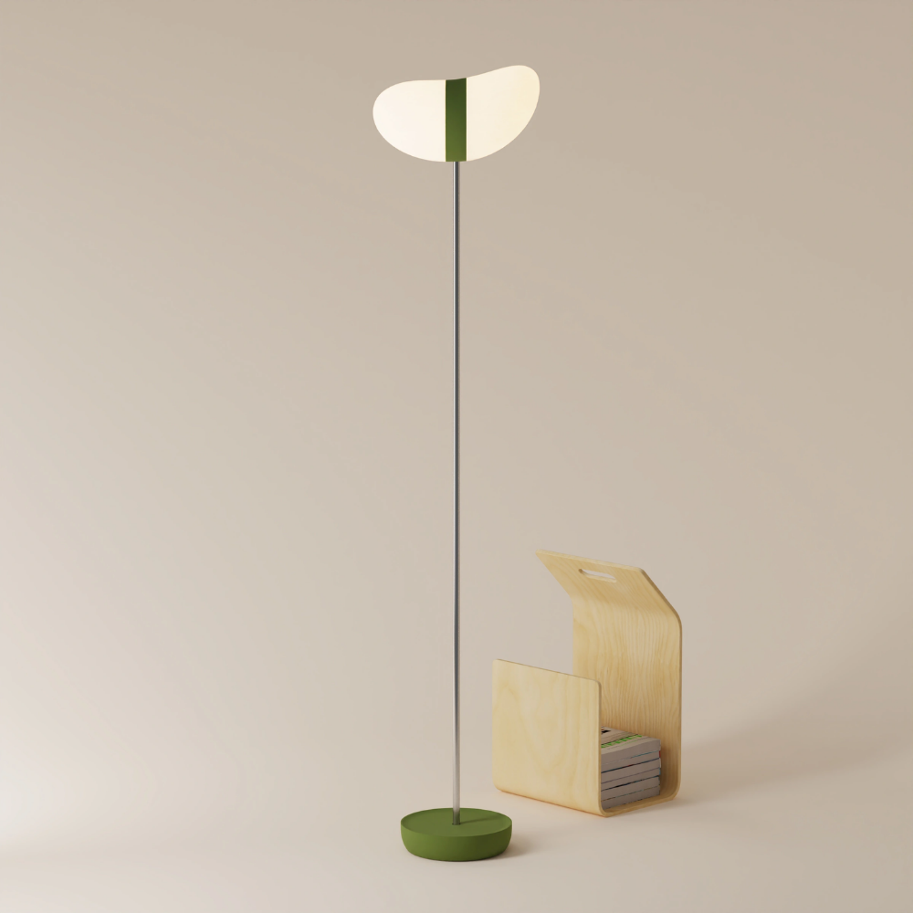 The olive Baltra Floor Light from Gantri with the chrome rod option.