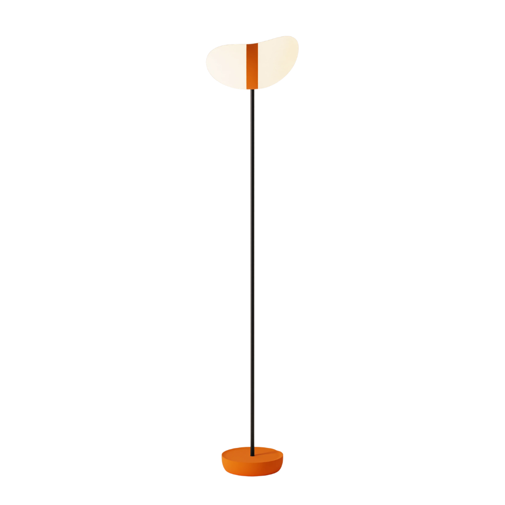 The persimmon Baltra Floor Light from Gantri with the black rod option and a white background.