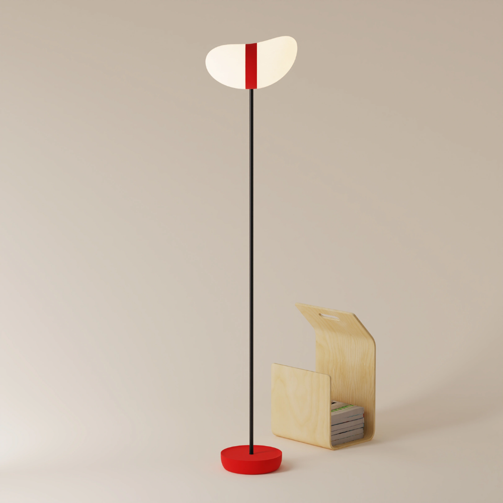 The poppy Baltra Floor Light from Gantri with the black rod option.