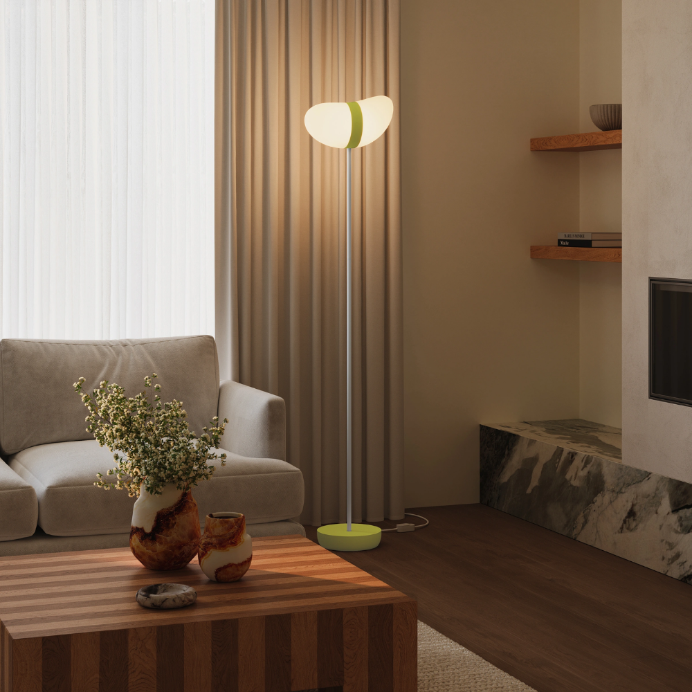 The sprout Baltra Floor Light from Gantri with the white rod option in a lounge.