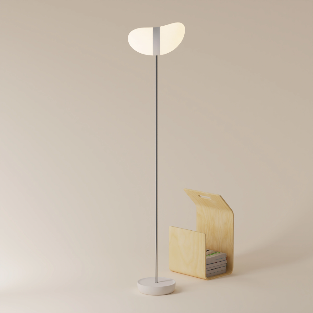 The stone Baltra Floor Light from Gantri with the chrome rod option.