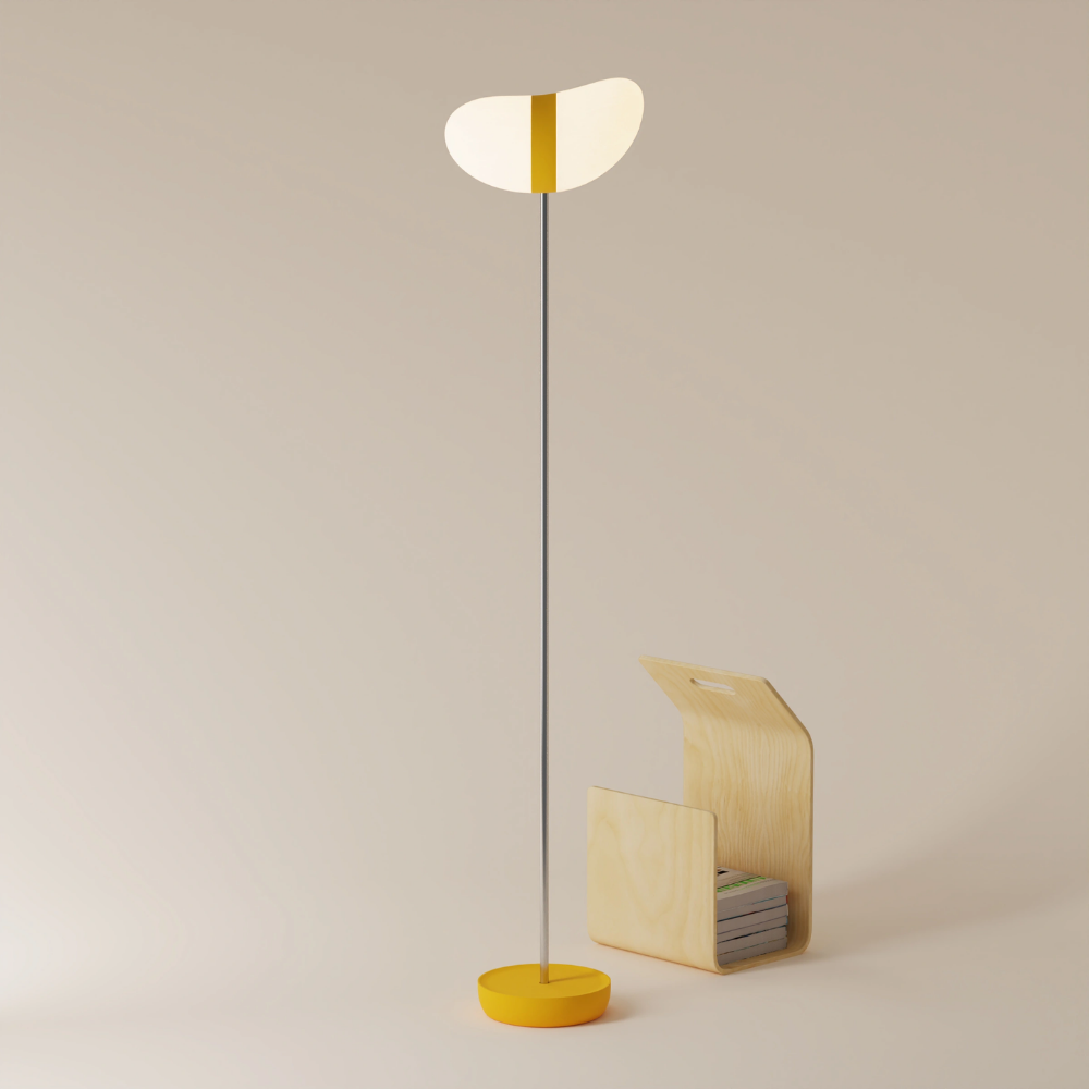 The sunrise Baltra Floor Light from Gantri with the chrome rod option.