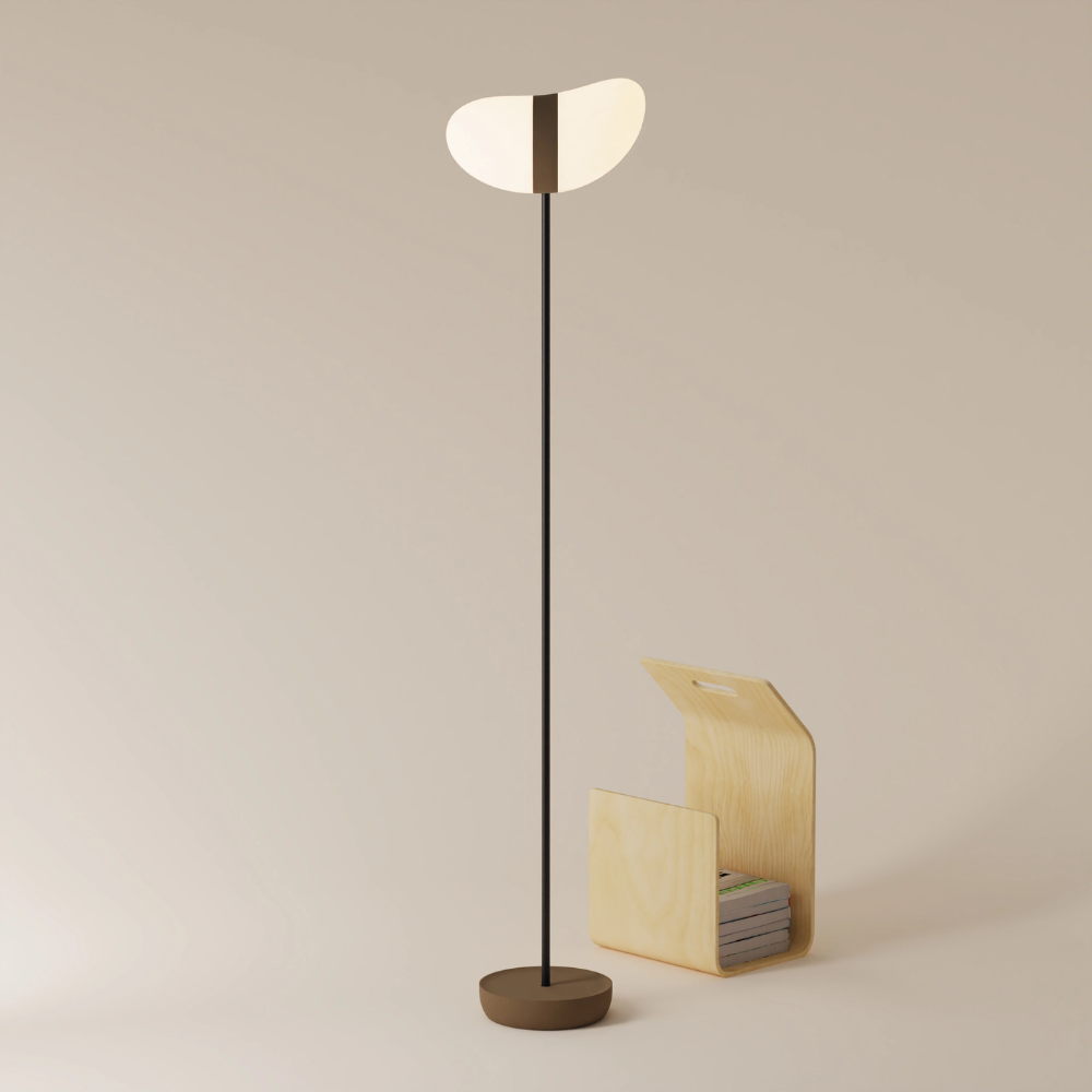 The walnut Baltra Floor Light from Gantri with the black rod option.
