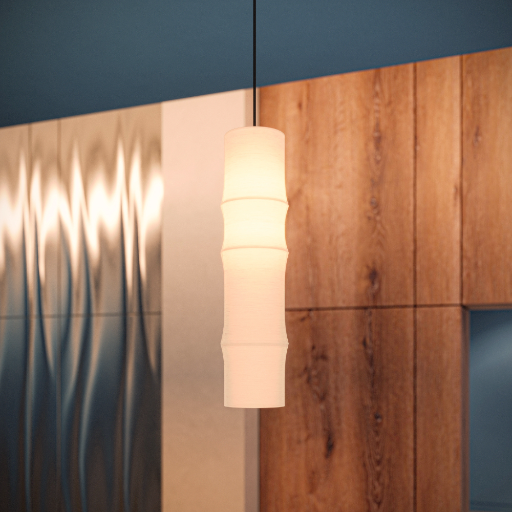 The Bamboo Large Pendant Light from Gantri with the black cord in a family area.