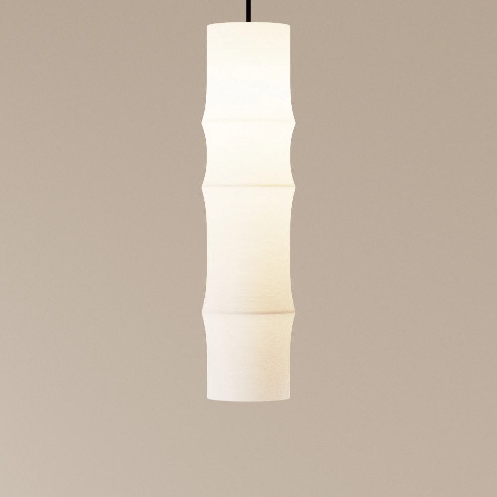 The Bamboo Large Pendant Light from Gantri with the black cord in a studio.