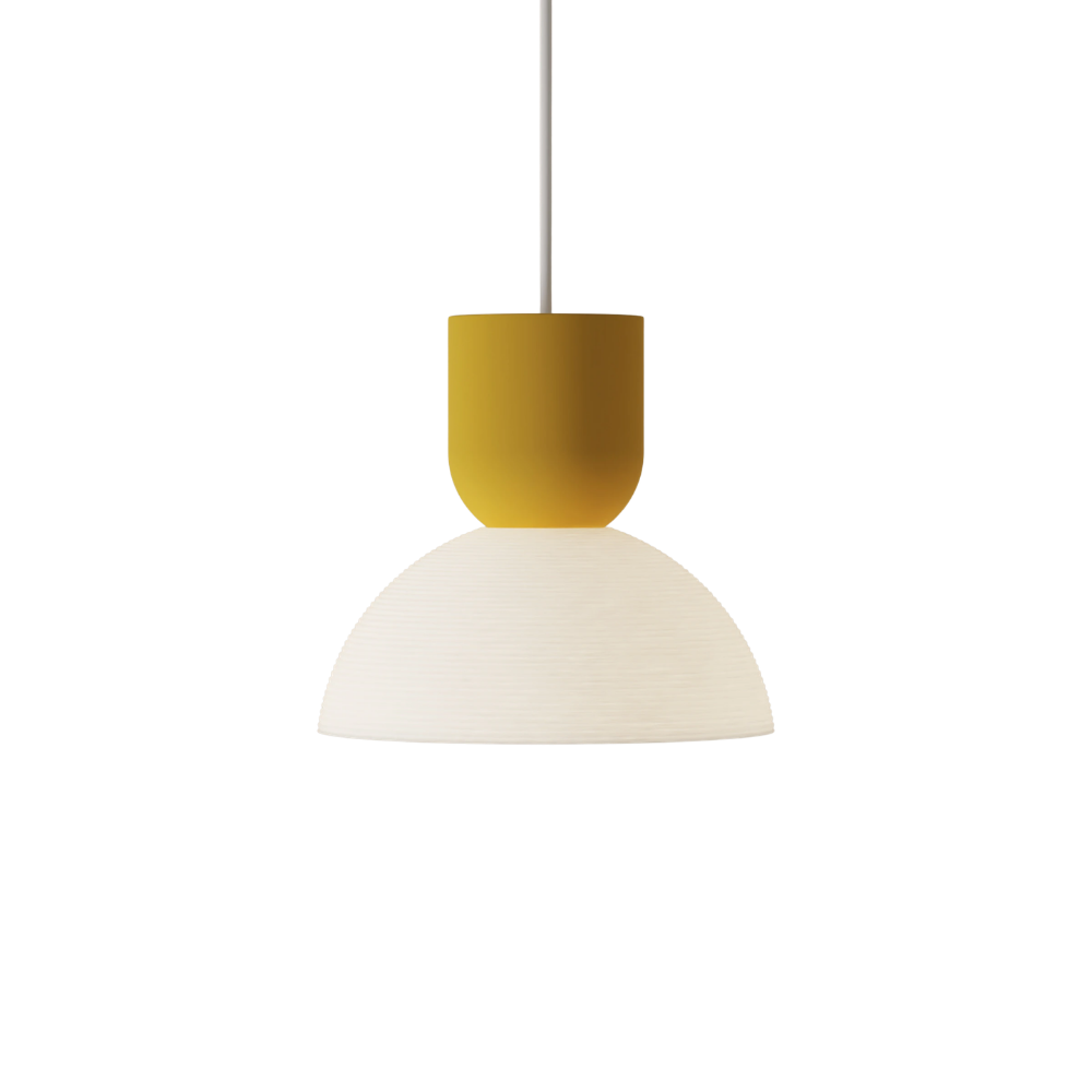 The mustard Buia Pendant Light from Gantri with the white cord.