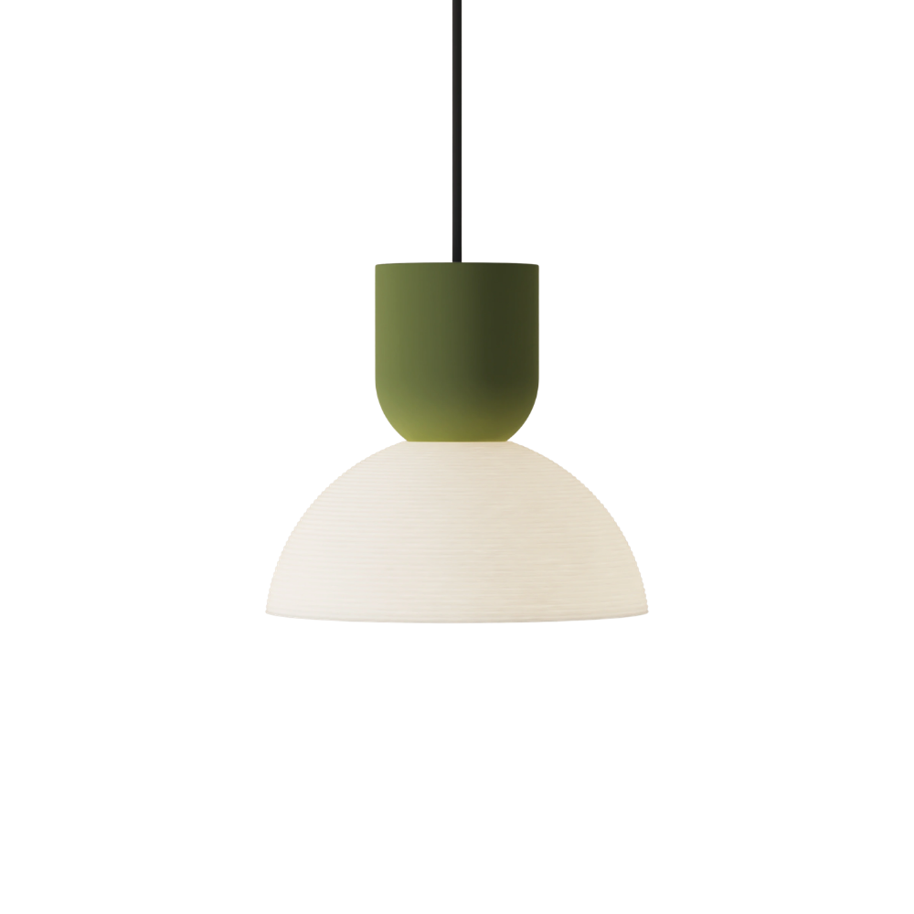 The olive Buia Pendant Light from Gantri with the black cord.